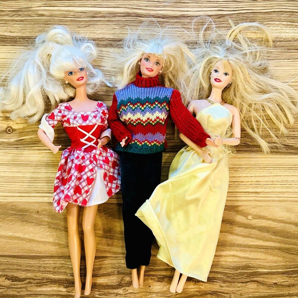 3 Vintage 1990s Barbie with Clothes Valentine Tree Trim Fashion Dolls 90s
